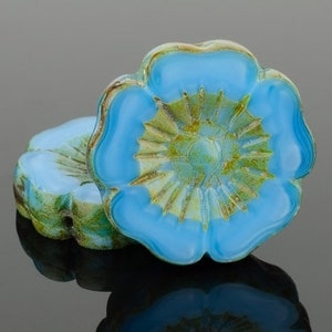 Tsjechische glashibiscusbloemkralen - blauwe zijde met Picasso - 22 mm - 1 of 6 kralen
