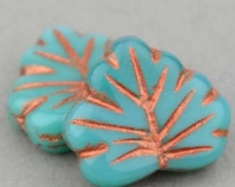 Czech Glass Maple Leaf Beads - Nature Beads - Turquoise Opaque with Copper Wash - 13x11mm Beads - 10 or 20 Beads