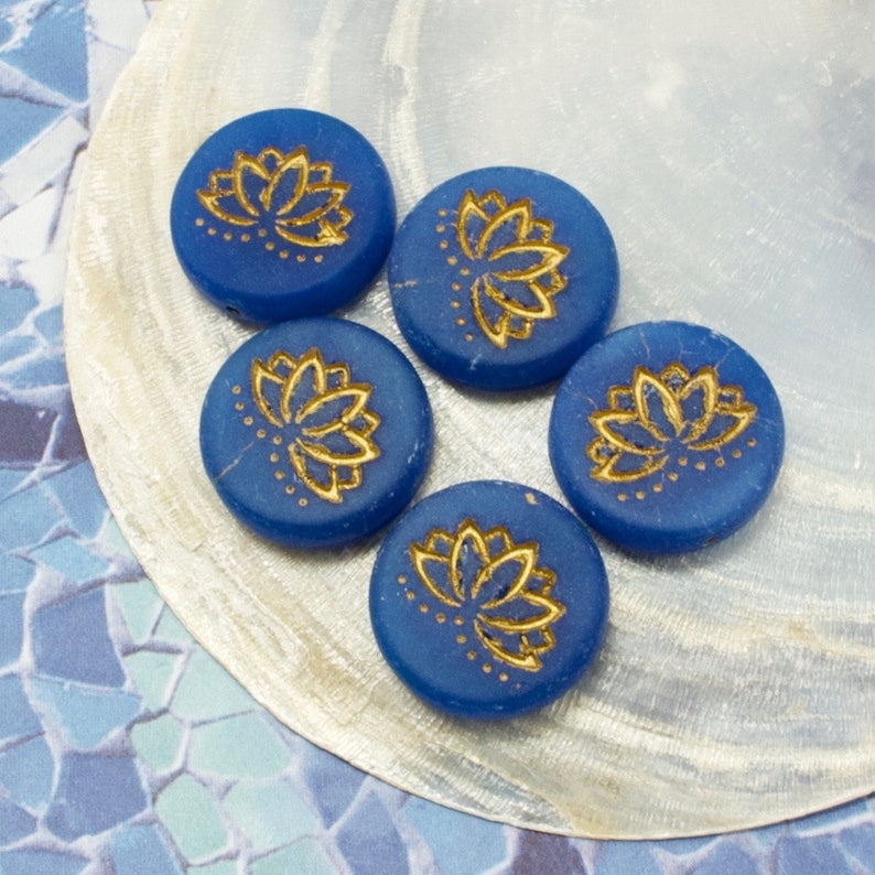 Czech Glass Lotus Flower Coin Beads Lapis Blue Matte With Etsy