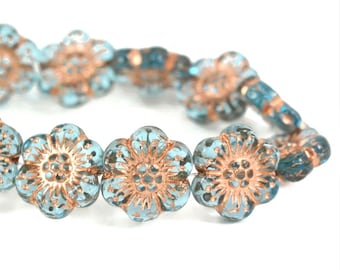 Czech Glass Wild Rose Flower Beads - Aqua Blue Transparent with Copper Wash - 14mm - 12 Beads