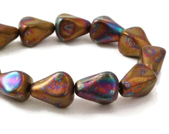 Czech Glass Old Style Drop Beads - Purple/Blue Dark Bronze Metallic Satin Finish Opaque - 13x12mm - 12 Beads