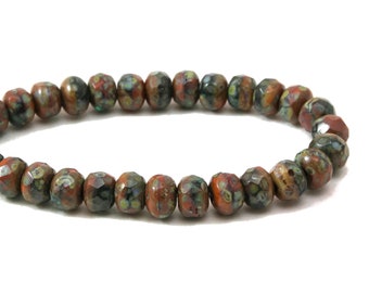 Czech Glass Rondelle Beads - Orange Opaque and Green Transparent Mix with Fullcoat Picasso Finish - 5x3mm - 30 Beads