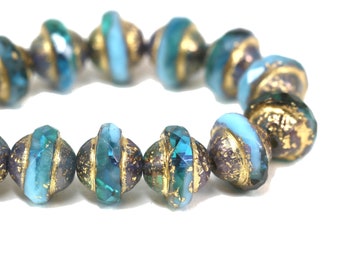 Czech Glass Saturn Beads - Transparent Teal and Opaque Sky Blue Mix with an Etched Finish and Bronze and Gold Washes - 8x10mm - 10 Beads