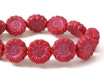 Czech Glass Sunflower Beads - Coral Red Opaque with Pink Wash - 13mm - 6 or 12 Beads