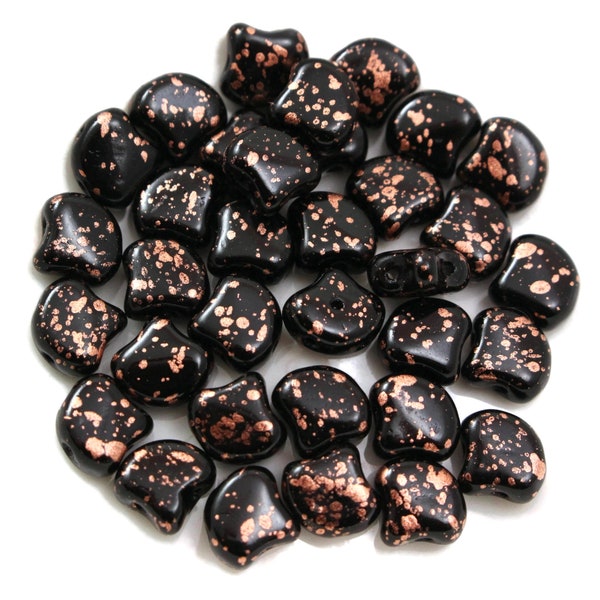 Czech Glass Matubo Ginko (Ginkgo) Leaf Bead - Two Hole Beads - Jet Black with Copper Splash - 7.5 x 7.5mm - 2.5" Tube (approx. 34 beads)