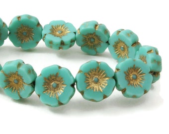 Czech Glass Hibiscus Flower Beads - Turquoise Opaque with Gold Wash - 12mm - 6 or 12 Beads