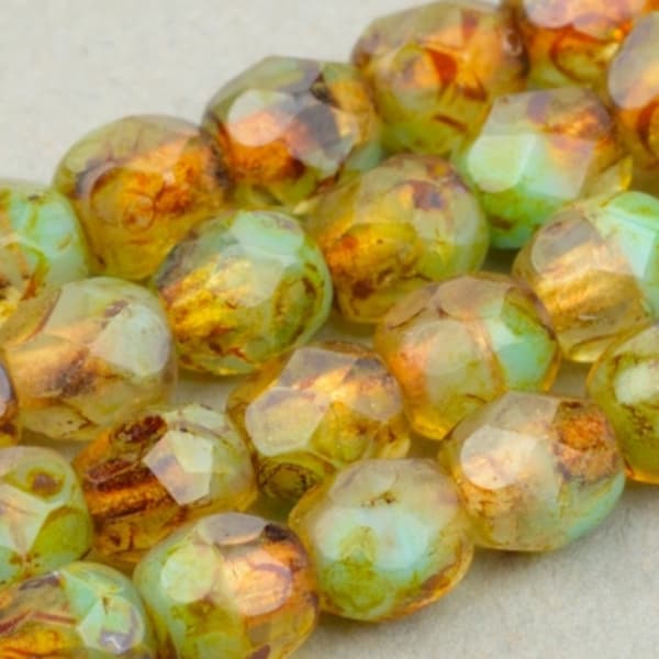 Czech Glass Beads - Round Faceted Beads - Fire Polished Bead - Turquoise Crystal Transparent Opaque with Picasso - 4mm - 50 Beads