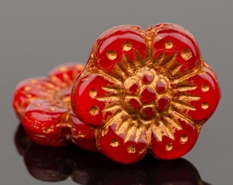 Czech Glass Wild Rose Flower Beads - Red Opaline with Copper Wash - 14mm - 6 or 12 Beads