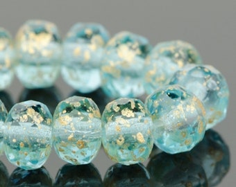 Czech Glass Rondelle Beads - Light Aqua Blue Transparent with Antiqued Gold Finish - 5x3mm - 30 Beads