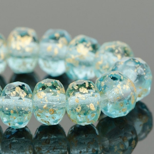 Czech Glass Rondelle Beads - Light Aqua Blue Transparent with Antiqued Gold Finish - 5x3mm - 30 Beads