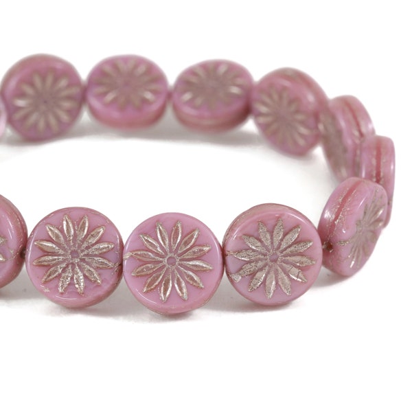 Czech Glass Aster Flower Coin Beads - Pink Silk with Platinum Wash - 12mm - 5 or 15 Beads