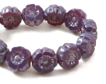 Czech Glass  Hibiscus Flower Beads - Hawaiian Flower Beads - Deep Purple Opaline with Silver Luster - 7mm - 12 beads