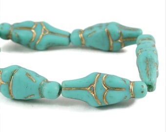 Czech Glass Mother Goddess Beads - Fertility Beads - People Beads - Turquoise Opaque Matte with Gold Wash - 25x10mm - 6 Beads