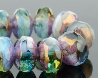 Perles de rondelle de verre tchèques -Mélange d’opale péruvienne transparent et opaque avec finition bronze - 7x5mm - 25 perles