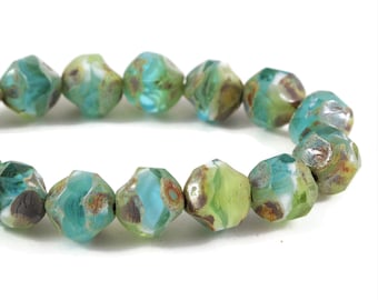 Czech Glass Baroque Central Cut Beads  -  Peruvian Opal Blue Mix Transparent and Opaque with Picasso Finish - 9mm - 15 beads
