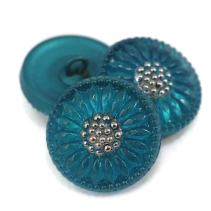 Czech Glass 18mm Round Sunflower Button - Daisy Flower Button - Turquoise Green with Platinum Paint