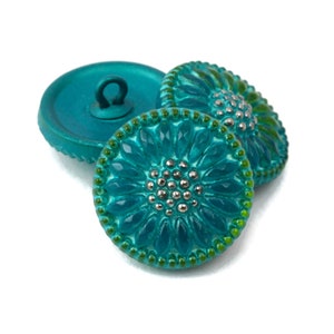 Czech Glass 18mm Round Sunflower Button - Daisy Flower Button - Turquoise Blue Gaspeite Green Rim with Aqua Wash and Platinum Paint