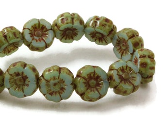 Czech Glass  Hibiscus Flower Beads - Hawaiian Flower Beads - Aqua Blue Opaline Silk Mix with Picasso Finish - 7mm - 12 beads