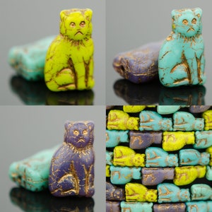 Czech Glass Kitty Cat Beads - Mixed Beads in Purple, Gaspeite, and Turquoise Opaque with Dark Bronze Wash - 15x10mm - 15 Beads