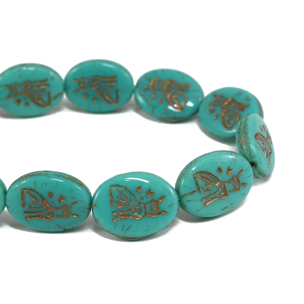 Czech Glass Oval Beads with Egyptian Cat Design - Turquoise Opaque with Dark Bronze Wash - 16x12mm - 6 or 12 Beads