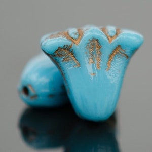 Czech Glass Lily Flower Beads - Teal Turquoise Opaque with Dark Bronze Wash - 9x10mm - 15 Beads