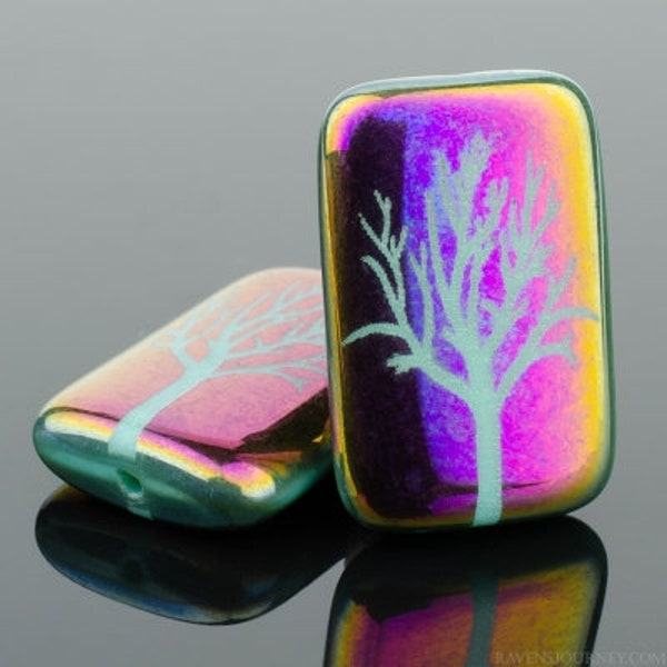 Czech Glass Two Sided Rectangle Beads - Turquoise Opaque with Rainbow Finish and Laser Etched Tree Design - 19x12mm - 6 Beads