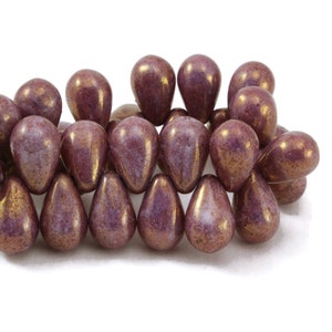 Czech Glass Drop Beads - Czech Glass Beads - Purple Opaque with Purple Luster - 9x6mm - 30 Beads