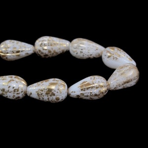 Czech Glass Tear Drop Dangle Melon Beads - White Opaque with Antique Gold Finish - 13x8mm - 10 Beads
