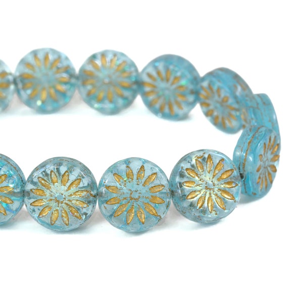 Czech Glass Aster Flower Coin Beads - Aqua Blue Transparent with Aurora Borealis Finish and Gold Wash - 12mm - 5 or 15 Beads