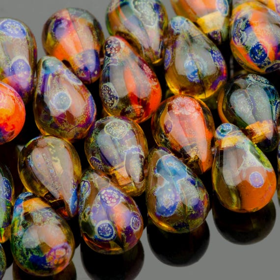 50 beads Rainbow Picasso Luster Czech Glass Teardrop Beads 4x6mm