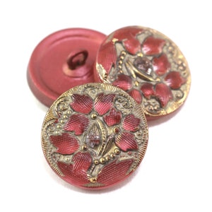 Czech Glass 18mm Round Lacy 3 Flower Button - Salmon Pink Antiqued with Gold Paint