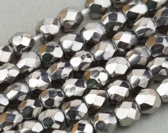 Czech Glass Beads - Round Faceted Beads - Fire Polished Beads -  Silver Opaque with Chrome Fullcoat - 3mm - 50 Beads