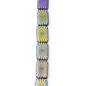 Czech Glass Rectangle Beads - Black Opaque Acid Etched with AB Finish and Laser Etched Spiral Sun Design - 19x12mm - 6 Beads