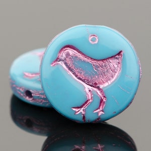 Czech Glass Coin Bird Beads -  Teal Turquoise Opaque with Pink Wash - 12mm - 15 beads