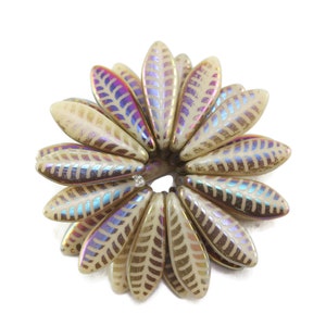 Czech Glass Beads - Etched Medium Daggers -  Ivory Opaque with Rainbow Finish and Laser Etched Leaf Design - 16x5mm - 25 Beads