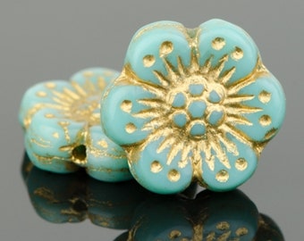 Czech Glass Wild Rose Flower Beads - Turquoise Opaque with Gold Wash - 14mm - 6 or 12 Beads