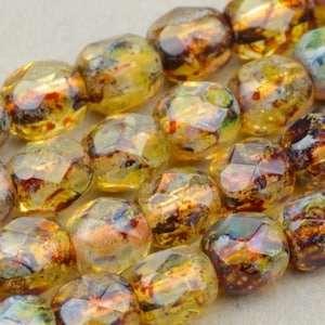 Czech Glass Beads - Round Faceted Beads - Fire Polished Bead - Amber Transparent with Picasso - 4mm - 50 Beads