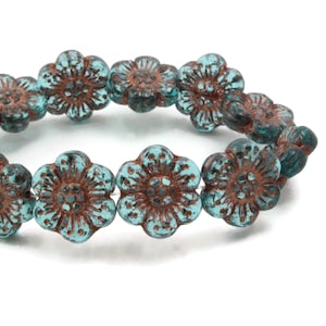 Czech Glass Wild Rose Flower Beads - Aqua Blue Transparent with Copper Wash - 14mm - 12 Beads