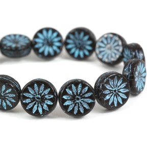 Czech Glass Aster Flower Coin Beads - Jet Black Opaque with Turquoise Blue Wash - 12mm - 15 Beads