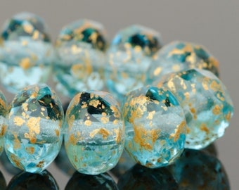 Czech Glass Rondelle Beads - Aqua Blue Transparent with Antique Gold Finish - 7x5mm - 25 Beads