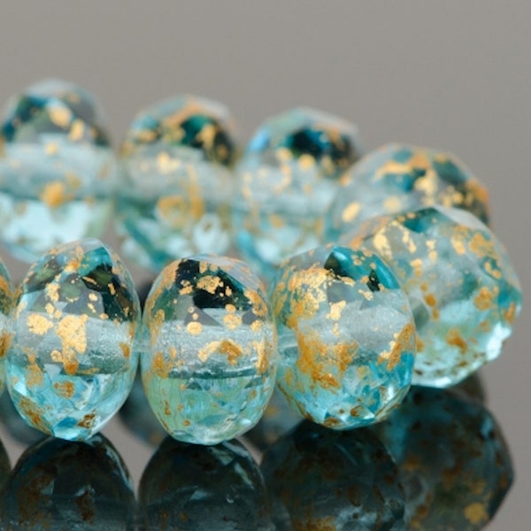 Czech Glass Rondelle Beads - Aqua Blue Transparent with Antique Gold Finish - 7x5mm - 25 Beads