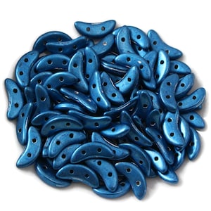 Czech Glass CzechMates Crescent Beads - Two Hole Beads - Saturated Metallic Marina Blue - 10x3mm - 10 Grams