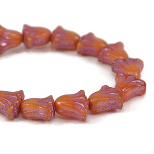 Czech Glass Lily Flower Beads - Orange Opaline with Pink Wash - 9x10mm - 15 Beads