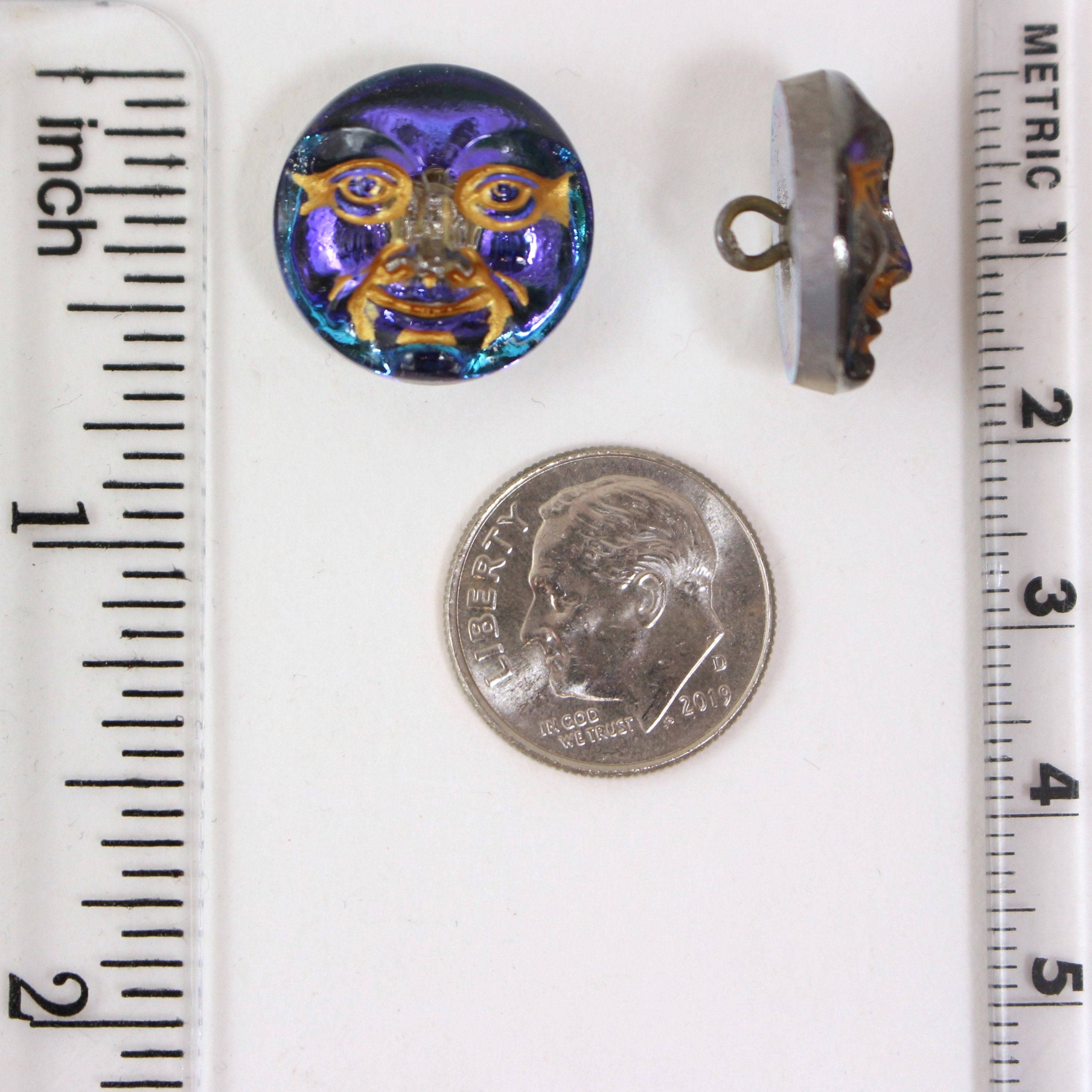 チェコガラス 17 mm ムーンフェイスボタン - ロイヤルブルーとシルバー