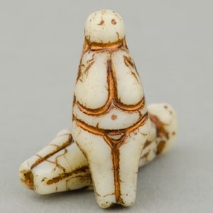 Czech Glass Mother Goddess Bead - People Bead - Fertility Beads -  Ivory Opaque with Bronze Wash - 25x10mm - 6 Beads