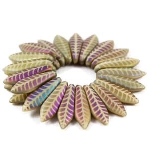 Czech Glass Beads - Etched Medium Daggers -  Ivory Opaque Matte with Rainbow Finish and Laser Etched Leaf Design - 16x5mm - 25 Beads