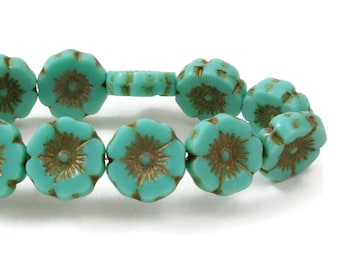 Czech Glass Hibiscus Flower Beads - Turquoise Opaque with Dark Bronze Wash - 12mm - 6 or 12 Beads