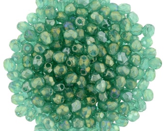 Czech Glass Beads - Round Faceted Beads - Fire Polished Beads - Atlantis Green Luster Iris - 2mm - 50 Beads