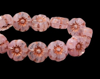 Czech Glass  Hibiscus Flower Beads - Hawaiian Flower Beads - Pink Transparent Mix with Copper Wash - 7mm - 12 beads