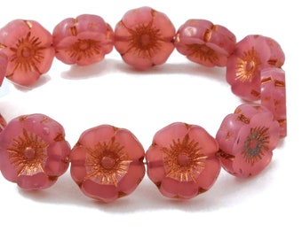 Czech Glass Hibiscus Flower Beads -  Pink Opaline with Copper Wash - 12mm - 6 or 12 Beads